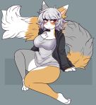 anthro arcanis_(hahaluckyme) bottomless breasts calico_cat clothed clothing domestic_cat felid feline felis female fur grey_body grey_fur hair hi_res leg_markings mammal marbelle markings red_eyes sapph shirt sitting socks_(marking) solo topwear white_body white_fur white_hair yellow_body yellow_fur