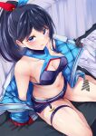  1girl bare_shoulders black_gloves black_hair black_skirt blue_eyes blue_jacket breasts cleavage commentary_request from_above gloves gridman_universe hair_ribbon halterneck highres indoors irohara jacket leg_tattoo light_blush long_hair looking_at_viewer medium_breasts microskirt navel off_shoulder official_alternate_costume official_alternate_hairstyle open_mouth ponytail ribbon sitting skirt solo ssss.gridman takarada_rikka tattoo thigh_strap thighs yokozuwari 