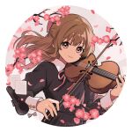  1girl arisa_(aren) artist_name black_bow black_dress blush border bow bow_(music) branch brown_hair cherry_blossoms closed_mouth collared_dress dress flower highres holding holding_bow_(music) holding_instrument instrument light_smile long_hair long_sleeves looking_at_viewer music neck_ribbon original paper petals pink_eyes pink_flower pink_ribbon playing_instrument ribbon round_image sheet_music signature solo upper_body violin white_border wind 