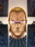  1boy ace86 blonde_hair blue_eyes chinese_commentary closed_mouth hair_slicked_back highres king_(one-punch_man) looking_at_viewer male_focus one-punch_man scar scar_across_eye scar_on_face short_hair solo 