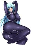  arms_up ass blue_hair blush bodysuit breasts frown impossible_clothes large_breasts legs long_hair lying nanakorobi_yaoki on_side original shiny shiny_clothes skin_tight solo thighs yellow_eyes 