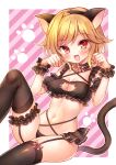  1girl :d absurdres achico_999 alternate_costume animal_ears bell black_bra black_choker black_panties black_thighhighs black_wrist_cuffs blonde_hair blush border bow bowtie bra breasts cat_cutout cat_ears cat_lingerie cat_tail choker cleavage cleavage_cutout clothing_cutout commentary curvy fake_animal_ears fake_tail fang feet_out_of_frame frilled_choker frilled_cuffs frilled_straps frills hands_up happy heart highres jingle_bell kin-iro_loveriche knees_up looking_at_viewer medium_breasts medium_hair meme_attire midriff navel neck_bell open_mouth panties parted_bangs paw_pose paw_print pink_background pink_bow pink_bowtie red_eyes simple_background sitting skindentation smile solo souma_ria stomach tail thigh_strap thighhighs thighs underwear white_border wrist_cuffs 