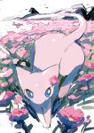  0wzsyvlnp78 blue_eyes colored_skin field flower flower_field flower_on_head highres mew_(pokemon) mountainous_horizon no_humans pink_skin pokemon pokemon_(creature) simple_bird 