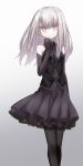  1girl bare_shoulders black_dress black_gloves black_thighhighs breasts dress elbow_gloves fate/grand_order fate_(series) gloves gradient_background hair_between_eyes highres illyasviel_von_einzbern illyasviel_von_einzbern_(phantasmal_princess) long_hair looking_at_viewer red_eyes sidelocks simple_background small_breasts smile solo thighhighs white_hair yubeshi_(zecxl) 