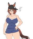  1girl animal_ears arm_at_side bare_shoulders baseball_cap black_headwear breasts brown_hair cleavage clover_print collarbone commentary competition_school_swimsuit cowboy_shot daiwa_major_(racehorse) ear_covers ear_piercing ears_through_headwear fukuro_(maruaru00) genderswap genderswap_(mtf) grin hair_between_eyes hand_on_own_hip hat highres horse_ears horse_girl horse_tail orange_eyes original personification piercing school_swimsuit sideways_hat simple_background slit_pupils smile solo swimsuit tail thick_thighs thighs three_sizes umamusume white_background white_hair 