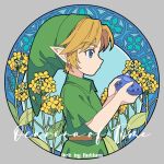  1boy blonde_hair blue_eyes border child commentary english_commentary english_text flower flute gift green_headwear hat holding holding_flute holding_instrument instrument link male_focus pointy_ears rutiwa short_hair smile solo the_legend_of_zelda the_legend_of_zelda:_ocarina_of_time tunic yellow_flower young_link 