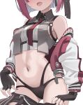  1girl absurdres breast_strap collared_shirt commentary crop_top fingerless_gloves gloves highres himemori_luna himemori_luna_(5th_costume) hololive jacket letterman_jacket navel necktie off_shoulder open_mouth panties pink_hair red_nails scarlet_(wv0102) shirt shorts sleeveless sleeveless_shirt solo tagme underwear undressing virtual_youtuber 