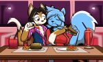 2024 5_fingers anthro anthro_on_anthro arm_around_partner beverage black_body black_fur black_hair black_nose blue_body blue_clothing blue_fur blue_hair blue_shirt blue_topwear breasts brown_body brown_eyes brown_fur burger cheese clothed clothing cute_fangs dairy_products detailed_background domestic_cat duo eating embrace eyes_closed felid feline felino felis female fingers fluffy fluffy_tail food fries fur gloves_(marking) hair hi_res inside interspecies ketchup lettuce_(latexia) looking_at_another male male/female mammal markings open_clothing open_mouth open_shirt open_topwear peter_the_cat pink_clothing pink_shirt pink_topwear red_clothing red_shirt red_topwear rodent romantic romantic_ambiance romantic_couple sciurid shirt smile smoothie tail topwear tree_squirrel white_body white_fur white_inner_ear