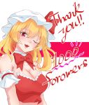  0002koko 1girl absurdres armpit_crease blonde_hair bow breasts cleavage english_text flandre_scarlet hat highres lips mob_cap one_eye_closed open_mouth red_bow red_eyes shiny_skin simple_background smile solo touhou vampire 