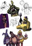 5_fingers absurd_res animatronic anthro avian balloon balloon_boy_(fnaf) barefoot beak bear bib bird black_bow_tie black_clothing black_eyebrows black_hat black_headwear black_nose black_top_hat blonde_hair blood bodily_fluids bonnie_(fnaf) bow_tie brown_body brown_ears buckteeth canid canine chica_(fnaf) chicken clothed clothing corpse countershading cupcake cupcake_(fnaf) curtains electric_guitar electronics endoskeleton english_text eye_patch eyebrows eyewear fastener feet female fingers five_nights_at_freddy&#039;s five_nights_at_freddy&#039;s_2 five_nights_at_freddy&#039;s_3 food for_a_head fox foxy_(fnaf) freddy_(fnaf) galliform gallus_(genus) golden_freddy_(fnaf) group guitar hair hat head_tuft headgear headwear hi_res holding_balloon holding_microphone holding_object holding_sign hook hook_hand humanoid inflatable lagomorph leporid lipstick long_ears machine makeup male mammal marionette_(fnaf) markings mask microphone musical_instrument necktie object_head open_mouth open_smile orange_beak orange_eyes orange_legs phasianid phone phone_guy_(fnaf) pink_tongue plate plucked_string_instrument propeller_hat pupils purple_body purple_bow_tie purple_clothing purple_ears purple_hat purple_headwear purple_top_hat rabbit red_body red_bow_tie red_lipstick robot scottgames sharp_teeth sign simple_background sitting smile springtrap_(fnaf) string_instrument striped_markings striped_tail stripes tail tail_markings tears teeth teeth_showing text theguywhodrawsalot tongue top_hat tuft whiskers white_background yellow_body