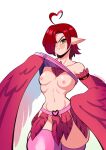 areola avian biped breasts european_mythology eyebrows feathered_wings feathers female greek_mythology green_eyes hair hair_over_eye harpy hi_res humanoid mythological_avian mythology nipples one_eye_obstructed powderrune red_hair simple_background solo white_background wings