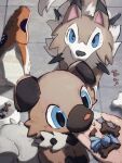  arc_draws bowl commentary dog english_commentary evolutionary_line highres looking_at_viewer lycanroc lycanroc_(midday) no_humans pet_bowl pet_food pokemon pokemon_(creature) pov pov_hands rare_candy rockruff tile_floor tiles twitter_username 