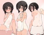  1boy 1girl ass back bath_stool bathing black_hair blush breasts brown_eyes completely_nude embarrassed highres holding holding_towel looking_at_viewer multiple_views naked_towel nude null_(nyanpyoun) one-piece_tan original pussy short_hair sitting small_breasts solo_focus stool tan tanlines towel 