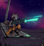 absurd_res anthro clothing guardians_of_the_galaxy gun happy hi_res katxfish male mammal marvel planet procyonid raccoon ranged_weapon rocket_raccoon ship shooting shooting_gun solo space uniform vehicle watercraft weapon