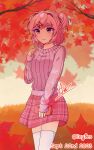  1girl :3 artist_name autumn autumn_leaves bag bob_cut branch breasts cloud cloudy_sky clutch cowboy_shot cumulonimbus_cloud curled_fingers dated doki_doki_literature_club eyelashes falling_leaves grass hair_intakes hair_ornament hair_ribbon hand_on_lap hand_up highres holding holding_bag icyles leaf light_smile long_sleeves maple_leaf medium_breasts natsuki_(doki_doki_literature_club) orange_background pink_bag pink_eyes pink_hair pink_skirt pink_sweater plaid plaid_skirt pleated_skirt red_ribbon ribbed_sweater ribbon short_hair signature skirt sky sleeves_past_wrists smile solo standing sweater swept_bangs thighhighs tree two_side_up white_thighhighs x_hair_ornament yellow_sky zettai_ryouiki 
