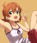  1girl absurdres ahoge armpits bare_shoulders blush breasts brown_background brown_eyes brown_hair cleavage collarbone from_side hair_bobbles hair_ornament hands_up highres idolmaster idolmaster_million_live! idolmaster_million_live!_theater_days knees_up looking_at_viewer miniskirt moyashi_tomozuku open_mouth pleated_skirt purple_trim red_skirt shirt short_hair simple_background skirt sleeveless sleeveless_shirt small_breasts smile solo teeth upper_teeth_only v white_shirt yabuki_kana 