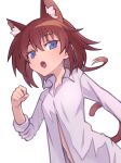  1girl animal_ear_fluff animal_ears blue_eyes brown_hair cat_ears cat_tail clenched_hand commentary_request eyebrows_hidden_by_hair hibun_tsukasa highres long_sleeves looking_at_viewer lyrical_nanoha mahou_shoujo_lyrical_nanoha medium_hair open_clothes open_mouth shirt simple_background sleeves_rolled_up solo stern_the_destructor tail upper_body white_background white_shirt 