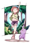  1girl absurdres animal arm_behind_head arms_up bag blossom_(pokemon) commentary_request hat highres holding holding_own_arm navel pam40 pikachu pokemon pokemon_(anime) pokemon_(creature) poketoon shirt short_sleeves shorts t-shirt tooth 