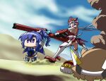  3girls ahoge blonde_hair blue_hair breasts chibi gunbuster_pose gundam gundam_08th_ms_team headgear kazanari_tsubasa large_breasts long_hair low_twintails multiple_girls nabeiro_kin purple_eyes sand_dune senki_zesshou_symphogear shining_shoot_(pose) tachibana_hibiki_(symphogear) twintails upskirt very_long_hair white_hair yukine_chris 