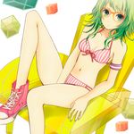  bad_id bad_pixiv_id bespectacled bikini chair feet_on_chair front-tie_top glasses green_eyes green_hair gumi halterneck knee_up legs nail_polish navel no_socks orange-framed_eyewear shoes short_hair sitting sneakers solo striped striped_bikini swimsuit vertical-striped_bikini vertical_stripes vocaloid wogura 
