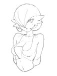 2022 better_version_at_source breasts cleavage clothed clothing female gardevoir generation_3_pokemon greyscale hair half-length_portrait hi_res humanoid looking_at_viewer medium_breasts midriff monochrome navel nintendo open_mouth pokemon pokemon_(species) portrait pseudo_clothing simple_background sketch solo white_background yawar