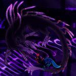absurd_res ambiguous_gender black_eyes blue_body blue_eyes blue_markings bodily_fluids claws duo enot_(rain_world) feral frill_(anatomy) hi_res hissing kayw2324 lizard_(rain_world) markings open_mouth purple_body purple_markings rain_world red_markings saliva saliva_on_tongue simple_background size_difference slugcat_(rain_world) sound_effects toe_claws train_lizard_(rain_world)