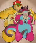 anthro arm_tuft aroused axel_(lazydergenboi) body_hair bowser clothing collar dirty_underwear dominant dominant_male dragon duo erection felid hi_res horn hybrid jockstrap kneeling lion male male/male mammal mario_bros musk nintendo nipple_piercing nipples pantherine piercing pubes size_difference smile sniffing spazz_bear submissive submissive_male tail tuft underwear underwear_sniffing wrist_tuft
