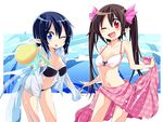  bandeau bikini blue_eyes blue_hair brown_hair dress_shirt front-tie_top hair_ribbon himekaidou_hatate long_hair maturiuta_sorato multiple_girls navel one_eye_closed open_clothes open_shirt pink_sarong pointy_ears print_sarong red_eyes ribbon sarong sarong_lift see-through shameimaru_aya shirt short_hair swimsuit touhou twintails very_long_hair water_gun wet wet_clothes 