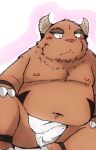 2024 anthro asian_clothing blush bovid bovine brown_body brown_fur cattle clothing east_asian_clothing fundoshi fur hi_res japanese_clothing kemono male mammal moobs navel nipples overweight overweight_male simple_background snow_utamaru solo underwear white_clothing white_fundoshi white_underwear