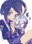  1boy allister_(pokemon) auko black_eyes black_hair blue_jacket commentary_request frown ghost gloves holding holding_mask jacket knee_up looking_at_viewer male_focus mask pokemon pokemon_swsh print_shorts purple_gloves purple_shirt purple_shorts shirt shorts side_slit side_slit_shorts signature simple_background single_glove solo splatter suspender_shorts suspenders white_background 