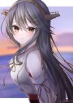  1girl bare_shoulders blurry blurry_background blush breasts closed_mouth cloud detached_sleeves grey_hair hair_between_eyes hair_ornament hairclip haruna_(kancolle) headgear highres japanese_clothes kantai_collection long_hair looking_at_viewer medium_breasts nontraditional_miko orange_eyes outdoors sky solo twitter_username upper_body vest yoshino_(mfmfpng) 