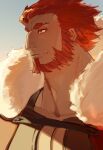  1boy aquiline_nose bara beard cape closed_mouth collarbone facial_hair fate/zero fate_(series) fur-trimmed_cape fur_trim highres iskandar_(fate) looking_ahead male_focus muscular muscular_male pectoral_cleavage pectorals portrait red_eyes red_hair solo thick_eyebrows thick_neck tokoni_fusu 