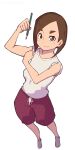  1girl absurdres bare_shoulders bluearcadegames blunt_ends blush bob_cut breasts brown_eyes brown_hair closed_mouth commentary curled_fingers drawstring dress_shirt eizouken_ni_wa_te_wo_dasu_na! film_grain flexing foreshortening from_above full_body hand_on_own_arm hands_up highres holding holding_pencil inverted_bob looking_at_viewer looking_up medium_breasts mizusaki_tsubame pencil red_shorts shirt shoes short_hair shorts simple_background sleeves_rolled_up smile solo standing swept_bangs t-shirt thick_eyebrows uwabaki white_background white_footwear white_shirt wooden_pencil 