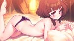  1girl ass barefoot bed black_panties blush breasts brown_hair commentary_request hair_ribbon indoors looking_at_viewer lying nipples on_bed on_stomach original panties pillow purple_eyes ribbon short_hair small_breasts solo tonchan topless underwear yuusha_no_yabou 