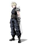  1boy absurdres anger_vein armor baggy_pants black_footwear black_gloves blonde_hair blue_eyes boots buster_sword closed_mouth cloud_strife earrings final_fantasy final_fantasy_vii final_fantasy_vii_rebirth final_fantasy_vii_remake full_body gloves highres jewelry lakugali_shiki looking_at_viewer pants ribbed_sweater short_hair shoulder_armor single_bare_shoulder single_earring sleeveless sleeveless_turtleneck solo spiked_hair standing suspenders sweater sword sword_on_back turtleneck turtleneck_sweater weapon weapon_on_back white_background 