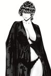  1girl absurdres breasts commentary contrapposto cowboy_shot english_commentary fubuki_(one-punch_man) greyscale grin highres lace-trimmed_panties lace_trim large_breasts long_sleeves looking_at_viewer low_ponytail monochrome mostlybluewyatt navel one-punch_man panties short_hair short_ponytail simple_background sleepwear smile solo standing underwear 
