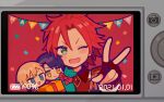  1boy 5.5 ;d battery_indicator blonde_hair box camera character_doll commentary_request confetti dated epaulettes fang fingerless_gloves gift gift_box gloves green_eyes happy_birthday idol_time_pripara looking_at_viewer male_focus mitaka_asahi one_eye_closed open_mouth pretty_series pripara recording red_background red_hair short_hair smile string_of_flags takase_koyoi upper_body v v-shaped_eyebrows yumekawa_shogo 