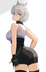  1girl animal_ear_fluff animal_ears ass bare_shoulders black_gloves breasts cat_ears closed_mouth commentary_request gloves grey_hair hair_between_eyes high-waist_shorts highres labebebe_lee large_breasts looking_back na&#039;el_(xenoblade) partially_fingerless_gloves short_hair shorts simple_background smile solo standing white_background xenoblade_chronicles_(series) xenoblade_chronicles_3 xenoblade_chronicles_3:_future_redeemed yellow_eyes 