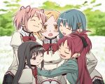  5girls akemi_homura black_hair blonde_hair blue_hair closed_eyes drill_hair kaname_madoka long_hair luminous_(madoka_magica) mahou_shoujo_madoka_magica mahou_shoujo_madoka_magica_(anime) medium_hair miki_sayaka mitakihara_school_uniform multiple_girls oda_takayuki one_eye_closed pink_hair ponytail purple_eyes red_hair sakura_kyoko school_uniform short_twintails tomoe_mami twintails yellow_eyes yuri 