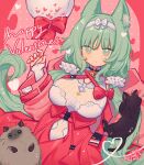  1girl animal animal_ear_fluff animal_ears arknights balloon black_cat bow breasts cat closed_mouth commentary dress english_commentary green_eyes green_hair hair_between_eyes hand_up happy_valentine harmonie_(arknights) harmonie_(decoration)_(arknights) highres jacket large_breasts long_hair long_sleeves looking_at_viewer pink_background pink_jacket polka_dot polka_dot_background puffy_long_sleeves puffy_sleeves red_background red_bow red_dress shirt signature solo tea_(yxmetea) two-tone_background very_long_hair white_shirt 