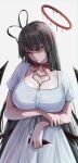  1girl absurdres alternate_costume ankoku_kishi_m black_hair blood_halo blue_archive blush breasts chocolate chocolate_on_body chocolate_on_breasts dress food_on_body hand_on_own_arm highres large_breasts long_hair neck_ribbon red_ribbon ribbon solo tsurugi_(blue_archive) white_dress 