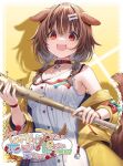  1girl :d animal_collar animal_ears baseball_bat bone_hair_ornament braid breasts brown_hair collar commentary cowboy_shot dog_ears dog_girl dog_tail dress drop_shadow empty_eyes evil_smile gurasion_(gurasion) hair_between_eyes hair_ornament holding holding_baseball_bat hololive inugami_korone inugami_korone_(1st_costume) jacket looking_at_viewer low_twin_braids medium_breasts medium_hair nail nail_bat nail_polish off_shoulder open_clothes open_jacket open_mouth red_collar red_wristband shaded_face simple_background sleeveless sleeveless_dress smile solo standing tail teeth translated twin_braids upper_teeth_only virtual_youtuber white_dress wristband yellow_background yellow_jacket yellow_nails 