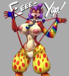 anthro areola big_breasts blue_clothing blue_gloves blue_handwear blue_necktie blush blush_stickers bottomwear breasts brown_body brown_fur buckteeth camel_toe clothed clothing clown clown_nose crotchless_bottomwear crotchless_clothing crotchless_pants dialogue eyelashes eyes_closed female fingerless_gloves fur gloves green_necktie grey_background hair handwear hi_res huge_breasts mammal mostly_nude navel necktie nipples open_mouth pants pattern_necktie pink_areola pink_nipples polka_dot_clothing purple_hair pussy_tape red_bottomwear red_clothing red_nose red_pants rodent sciurid simple_background small_waist solo striped_necktie suspenders tan_body tan_fur tape teeth text thebigbadwolf01 thick_thighs topless tree_squirrel wide_hips yellow_bottomwear yellow_clothing yellow_pants