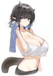  1girl arknights bare_arms bare_shoulders black_hair blue_eyes blue_hair breasts camisole cleavage closed_mouth collarbone colored_inner_hair crocodilian_tail crop_top eunectes_(arknights) highres holding holding_towel horn/wood huge_breasts looking_at_viewer multicolored_hair navel pointy_ears simple_background snake_tail solo stomach tail towel upper_body white_background white_camisole 