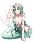  1girl breasts collarbone green_eyes green_hair hair_ornament hand_in_own_hair hand_on_floor highres higurashi_no_naku_koro_ni large_breasts leaning_forward long_bangs long_hair looking_at_viewer mermaid monster_girl nonanonnon6u6 nude on_floor parted_bangs parted_lips solo sonozaki_shion very_long_hair wet wet_face wet_hair white_background 