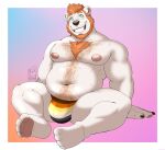 4_toes absurd_res anthro barry_(lazydergenboi) bear bear_pride_colors body_hair clothed clothing feet hair hi_res jockstrap jockstrap_only looking_at_viewer male mammal nelldemon nipples orange_hair paws polar_bear sitting toes topless underwear underwear_only ursine