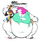anthro bear bell belly big_belly big_breasts black_body black_fur boot_(artist) bottomwear bovid breasts caprine claws clothed clothing deity dialogue digital_media_(artwork) domestic_sheep duo english_text female fur hair hi_res horn jacob_sheep male male/female mammal noelle_(twistcmyk) obese obese_anthro obese_female overweight overweight_anthro overweight_female pink_claws pink_hair rhombos sheep shorts simple_background smile stripes tail text thick_thighs topwear torn_clothing torn_topwear white_body wide_hips yellow_eyes