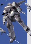  absurdres aircraft blue_sky concept_art contrail dassault_rafale drone english_commentary flying french_air_force highres light machinery mecha mechanization moon no_humans original robot science_fiction sky takahashi_masaki thrusters 