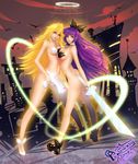  ass blonde_hair blue_eyes blue_hair breasts gun hair_ornament halo jewelry jpeg_artifacts large_breasts left-handed lips long_hair long_legs medium_breasts multicolored_hair multiple_girls navel necklace nude orry panty_&amp;_stocking_with_garterbelt panty_(psg) pasties pink_hair purple_hair standing stocking_(psg) sword two-tone_hair weapon 