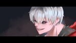  absurdres black_eyes black_sclera black_shirt colored_sclera hair_between_eyes heterochromia highres kaneki_ken looking_at_viewer red_eyes saliva shirt simple_background smile staring tokyo_ghoul white_hair 